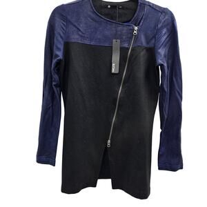 Krisa Top Navy Blue Black Asymmetrical Zip Moto Jacket Blouse Quiet Luxury Edgy